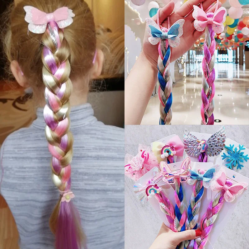 Elsa Gadget - วิกผมเด็กผู้หญิงแบบถักเปียยาว สีชมพู รุ้ง พร้อมที่รัดผมเด็ก ที่คาดผมนางเงือก ชุดเจ้าหญิงเอลซ่า